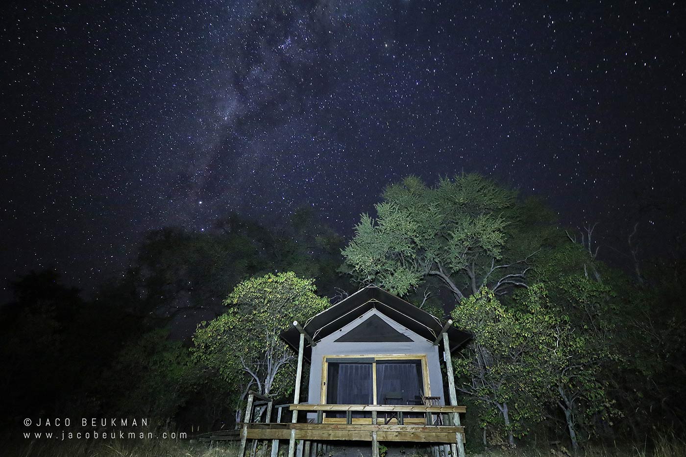 Night sky over a safari camp, photographed by Jaco Beukman