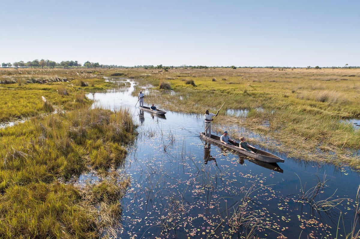 Guests in mekoro being poled along a flooded channel of the Okavango Delta